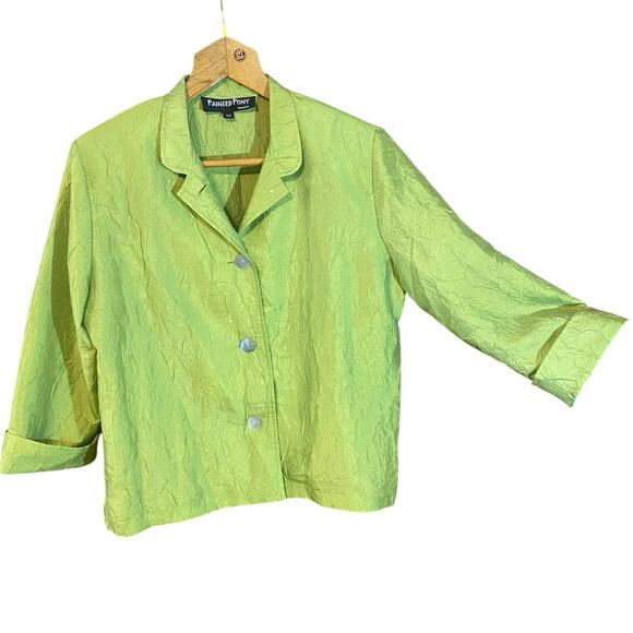 Painted Pony Jackets & Blazers - Painted Pony Lime Green Crinkle Textured Button Jacket Artsy Lagenlook Medium